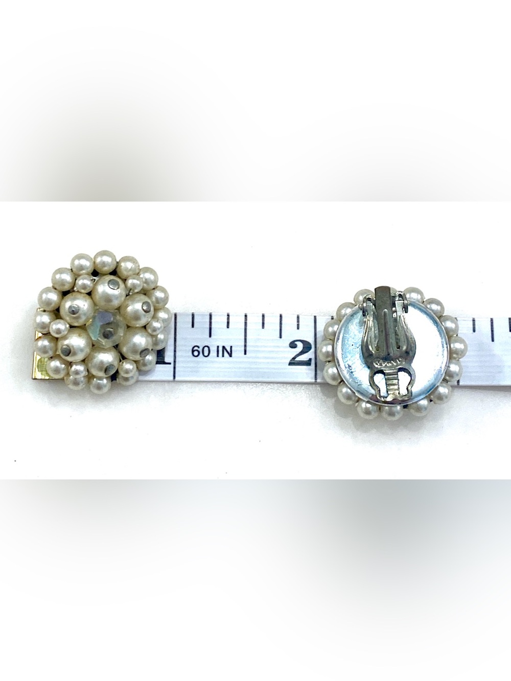 Vintage Japan Pearl Clip On Earrings Cluster Crystal Faux Bead Mid Century - Picture 6 of 6